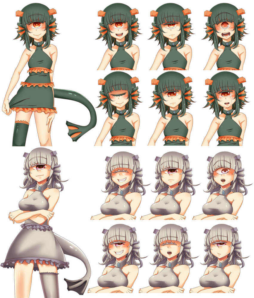 2girls at2. blunt_bangs blush breasts closed_mouth collarbone elder_guardian_(minecraft) multiple_expressions fang flat_chest green_hair grey_hair grin guardian_(minecraft) highres looking_at_viewer medium_breasts medium_hair minecraft mob_talker multiple_girls parted_lips personification pink_eyes red_eyes short_hair single_eye smile tail teeth