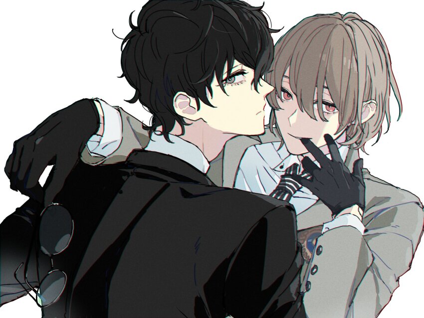 2boys adam&#039;s_apple akechi_gorou amamiya_ren arm_on_another&#039;s_shoulder black-framed_eyewear black_gloves black_hair black_jacket brown_hair buttoned_cuffs buttons closed_mouth collared_shirt commentary_request eyelashes gloves grey_eyes grey_jacket hair_between_eyes holding holding_removed_eyewear jacket lapels looking_back looking_to_the_side male_focus meimei_hituzi multiple_boys necktie no_eyewear outstretched_arm persona persona_5 red_eyes shirt sideways_glance simple_background smile striped_necktie unworn_eyewear upper_body white_background white_shirt wing_collar
