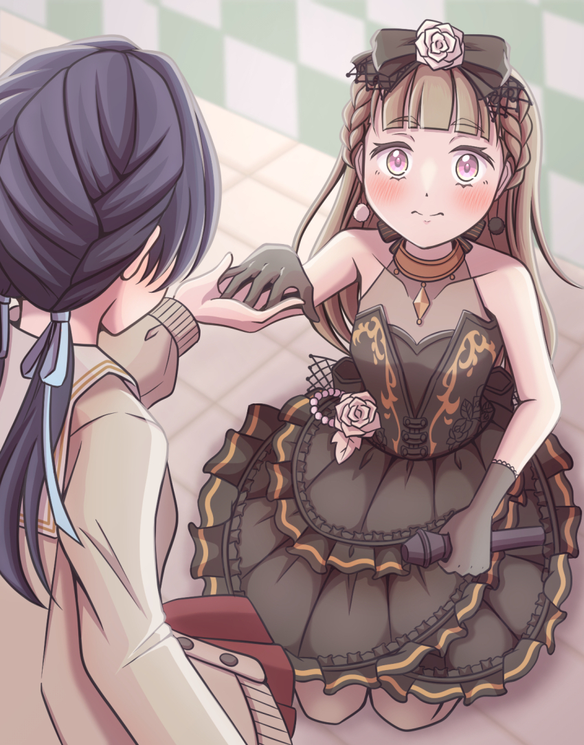 2girls 3: black_bow black_dress black_gloves blue_hair blue_ribbon blurry blurry_background blush bow braid brown_cardigan brown_dress brown_hair cardigan center-flap_bangs closed_mouth collarbone commentary_request dark_blue_hair dress dress_flower flower french_braided_twintails frilled_dress frills ganbarai gloves hair_bow hair_flower hair_ornament hair_ribbon hasu_no_sora_school_uniform highres kachimachi_kosuzu link!_like!_love_live! long_hair looking_at_another love_live! low_twintails medium_dress multiple_girls murano_sayaka open_cardigan open_clothes pink_eyes pleated_dress ribbon rose sailor_collar sailor_dress school_uniform seiza side_braids sitting sleeveless sleeveless_dress sparkly_spot_(love_live!) split_mouth straight_hair taking_another&#039;s_hand twintails virtual_youtuber white_flower white_rose white_sailor_collar winter_uniform