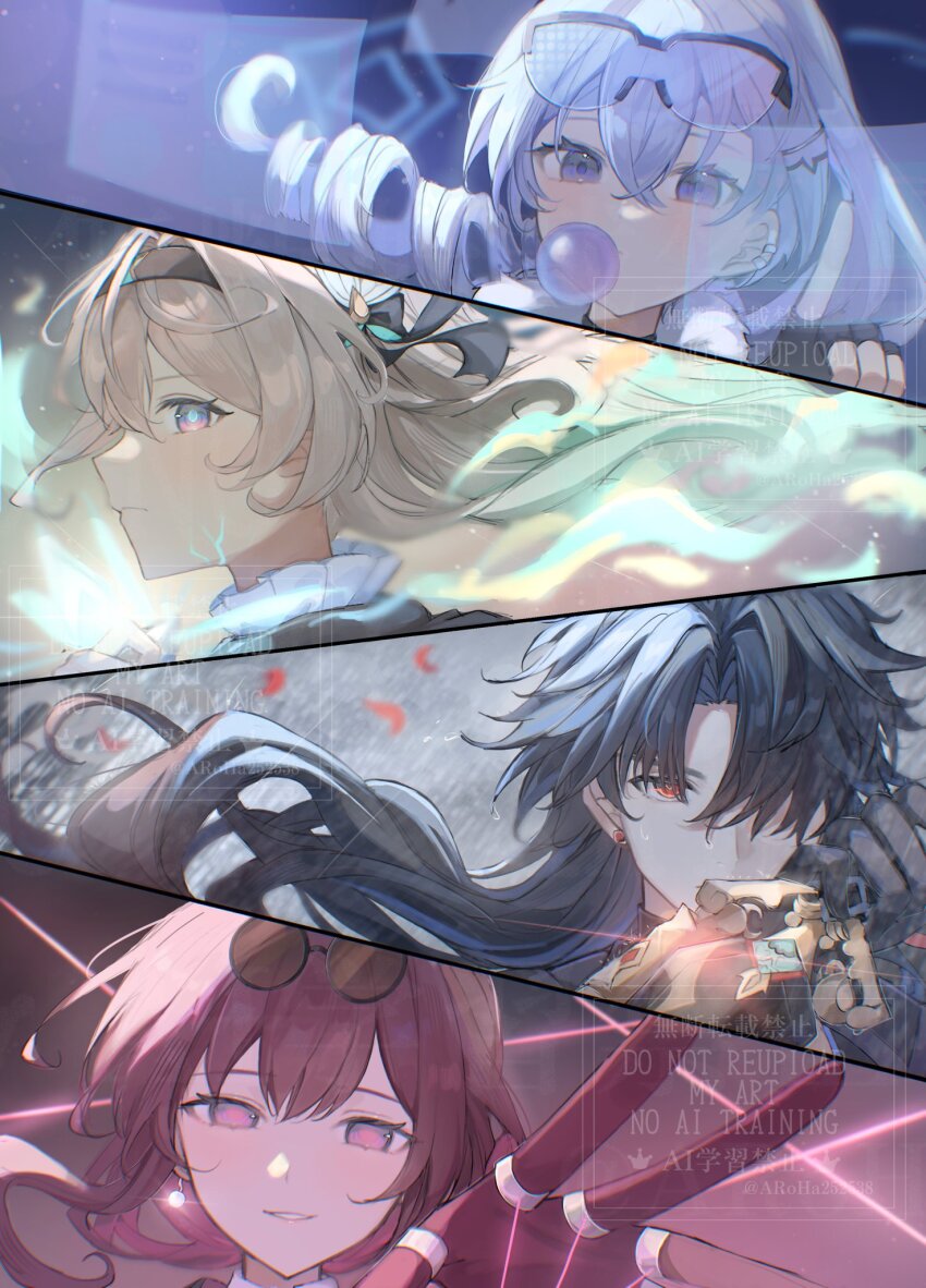 1boy 3girls aqua_hair aroha252538 black_border black_bow black_choker black_gloves black_hair black_hairband blade_(honkai:_star_rail) blue-tinted_eyewear blue_fire border bow chewing_gum choker closed_mouth covered_mouth drill_hair drill_ponytail earrings eyewear_on_head fingerless_gloves fire firefly_(honkai:_star_rail) floating_hair from_side fur-trimmed_jacket fur_trim gloves goggles goggles_on_head gradient_hair grey_hair hair_between_eyes hair_bow hair_ornament hair_over_one_eye hairband hand_up highres holding holding_sword holding_weapon holographic_monitor honkai:_star_rail honkai_(series) index_finger_raised jacket jewelry kafka_(honkai:_star_rail) leaf_hair_ornament long_hair looking_at_viewer multicolored_hair multiple_girls multiple_rings outdoors pearl_earrings petals pink_background pink_eyes ponytail purple_background purple_eyes purple_gloves purple_hair rain red_eyes ring round_eyewear silk silver_wolf_(honkai:_star_rail) simple_background single_earring smile spider_web stellaron_hunters_(honkai:_star_rail) sunglasses sword teeth tinted_eyewear watermark wavy_hair weapon