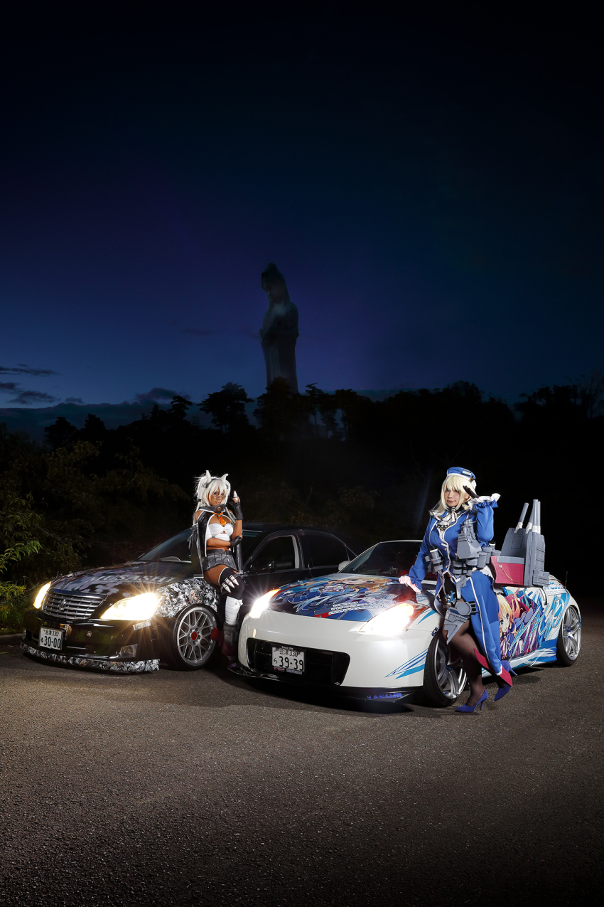 2girls aircraft airplane asian atago_(kancolle) atago_(kancolle)_(cosplay) battleship blonde_hair cannon chouzuki_maryou cosplay gloves gun highres kantai_collection military military_uniform military_vehicle multiple_girls musashi_(kancolle) musashi_(kancolle)_(cosplay) personification photo_(medium) plump ship warship watercraft weapon