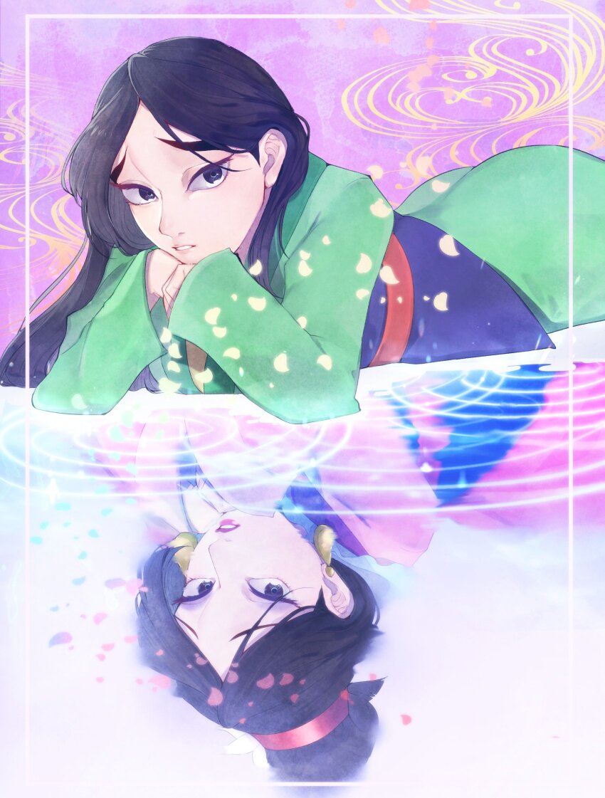 1girl animification black_hair chinese_clothes dress dual_persona fa_mulan_(disney) hair_bun hanfu headband highres long_hair looking_at_viewer makeup mulan_(movie) petals pink_hanfu reflection reflective_water rl10_02 short_hair solo