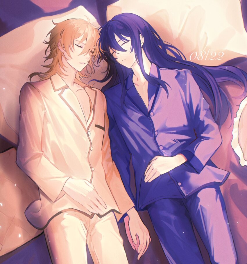 2boys blonde_hair closed_eyes collarbone cowboy_shot dated ensemble_stars! frilled_pillow frills hair_between_eyes hair_down hair_intakes hakaze_kaoru heads_together highres holding_hands kanzaki_souma light_particles long_hair long_sleeves lying male_focus medium_hair multiple_boys on_back on_pillow pajamas pants parted_lips pectoral_cleavage pectorals pillow purple_hair purple_pajamas purple_pants ru_kosin sidelocks sleeping wolf_cut yaoi yellow_pajamas yellow_pants