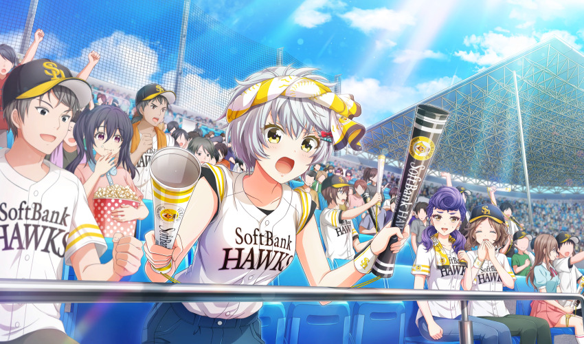 asahina_iroha baseball_cap baseball_stadium baseball_uniform black_hair black_undershirt blue_pants blue_shorts bow brown_hair cinderella_series day eating fukuoka_softbank_hawks game_cg green_background hachigatsu_no_cinderella_nine hachimaki hair_bow hair_ornament hairclip hat headband highres holding izumida_kyouka kakehashi_momoko lens_flare light_rays long_hair low_twintails multiple_boys multiple_girls nejiri_hachimaki nippon_professional_baseball non-web_source official_art open_mouth orange_eyes outdoors pants pompadour purple_hair railing red_bow shirt shirt_under_shirt short_hair short_sleeves shorts sitting solo_focus sportswear standing sunbeam sunlight twintails white_hair white_shirt wristband yellow_eyes