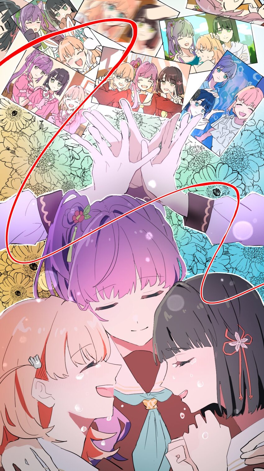 3girls :d ^_^ animal_ear_hairband animal_ears animal_hands aqua_neckerchief aquarium black_gloves black_hair blunt_bangs blunt_ends blurry blush bob_cut brown_dress camisole camisole_over_clothes cat_ear_hairband cat_ears cerise_bouquet check_commentary closed_eyes closed_mouth commentary_request crying dream_believers dress embarrassed fake_animal_ears floral_background flower flower_hands flower_hands_trio flower_knot fox_ears frilled_camisole frilled_dress frills gloves hair_bun hair_flower hair_intakes hair_ornament hairband hasu_no_sora_school_uniform headpat highres hinoshita_kaho hinoshita_kaho_(animal_cafe) hinoshita_kaho_(aquarium_date) hinoshita_kaho_(summer_training_wear) jellyfish link!_like!_love_live! long_hair long_sleeves love_live! medium_hair momose_ginko momose_ginko_(animal_cafe) momose_ginko_(aquarium_date) momose_ginko_(summer_training_wear) multiple_girls neckerchief nose_blush official_alternate_costume open_mouth orange_hair otomune_kozue otomune_kozue_(animal_cafe) otomune_kozue_(aquarium_date) otomune_kozue_(summer_training_wear) paw_gloves photo_(object) pink_dress pink_flower profile rabbit_ear_hairband rabbit_ears rabbit_hair_ornament red_flower red_neckerchief reflection_in_the_mirror_(love_live!) sailor_collar sailor_dress school_uniform side_ponytail single_side_bun smile split_mouth string string_of_fate u_u v virtual_youtuber white_gloves white_sailor_collar winter_uniform yellow_neckerchief zuisetsu