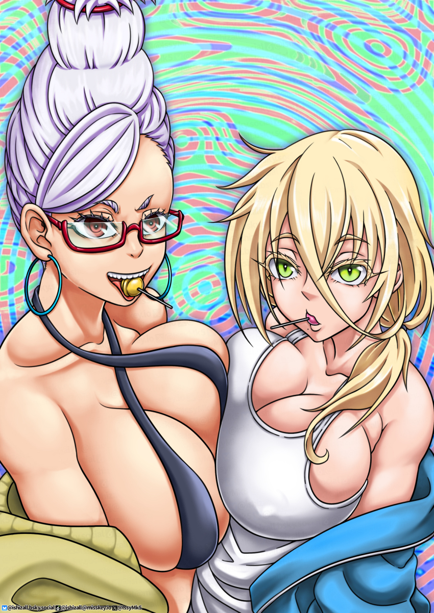 2girls ayase_seiko breasts crossover dandadan earrings glasses grace_(kimi_wa_meido-sama) highres hoop_earrings jewelry kimi_wa_meido-sama large_breasts long_hair multiple_girls season_connection
