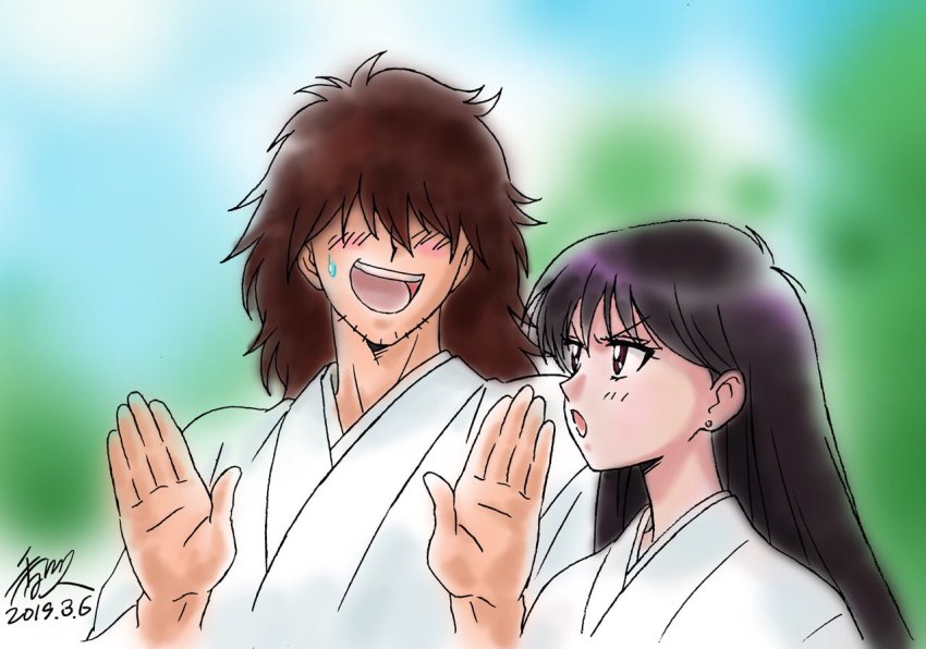 1boy 1girl 2019 angry bishoujo_senshi_sailor_moon black_hair blush brown_hair dated earrings embarrassed facial_hair hair_over_eyes hakama hakama_skirt hands_up hino_rei japanese_clothes jewelry kagawa_hisashi kumada_yuuichirou long_hair looking_at_another open_mouth purple_eyes signature skirt smile stubble tagme upper_body