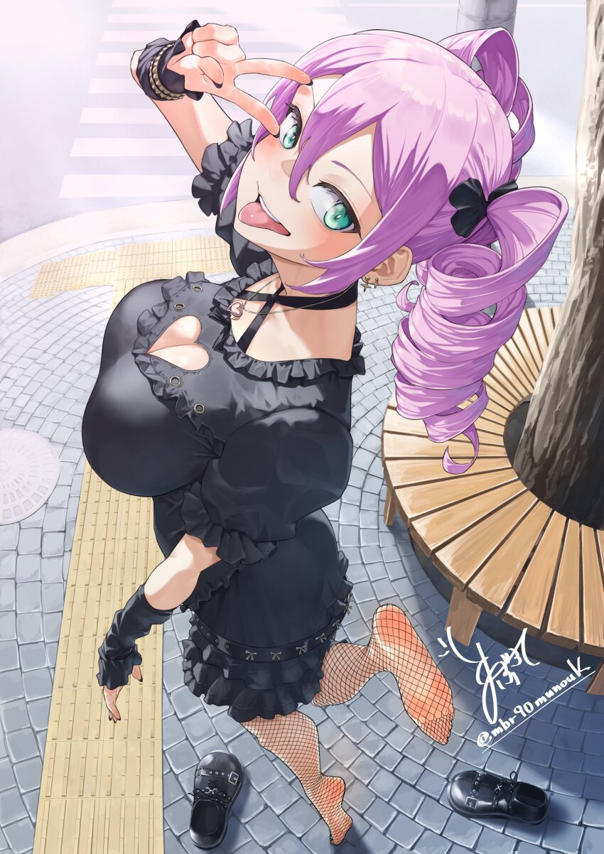 1girl absurdres aqua_eyes black_bow black_dress black_nails bow breasts cleavage_cutout clothing_cutout double-parted_bangs dress drill_hair earrings feet fishnet_pantyhose fishnets frilled_dress frills from_side hair_between_eyes hair_bow heart heart_cutout heart_necklace highres jewelry large_breasts long_hair looking_at_viewer maburoku nail_polish necklace no_shoes original pantyhose pink_hair shoes signature smile soles solo standing standing_on_one_leg teeth tiptoes toes tongue tongue_out twin_drills twitter_username unworn_shoes upper_teeth_only v v_over_eye