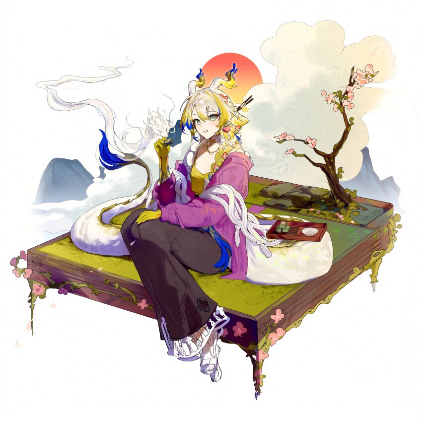 1girl :d absurdres adversarial_noise arknights blonde_hair blue_hair brown_skirt camisole colored_extremities commentary dragon dragon_girl dragon_horns dragon_tail eastern_dragon english_commentary eyeliner full_body green_eyes hair_between_eyes hair_intakes hand_up highres holding horns long_hair long_skirt long_sleeves looking_at_viewer makeup multicolored_hair official_alternate_costume open_mouth orange_eyeliner plant red_pupils red_sun sandals shu_(arknights) shu_(spring_feast)_(arknights) sitting skirt smile solo tail watermark white_hair white_sandals yellow_camisole yun-yang