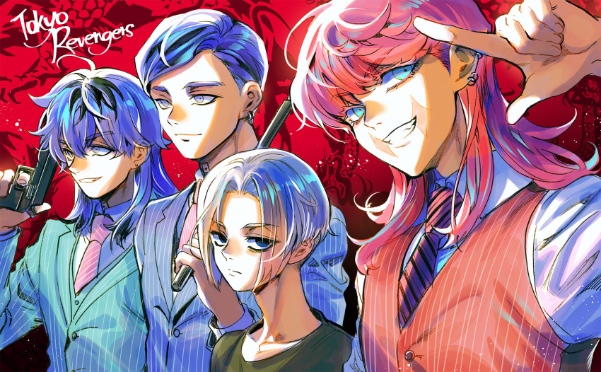 4boys aqua_eyes bae_(baebae) black_eyes blue_jacket closed_mouth collared_shirt ear_piercing expressionless formal_clothes from_side gesture green_shirt gun haitani_ran haitani_rindou highres holding holding_baton holding_gun holding_weapon jacket light_blue_jacket light_smile looking_ahead male_focus multicolored_hair multiple_boys neck_tattoo necktie piercing pink_hair pink_vest purple_eyes purple_hair purple_necktie red_background sano_manjirou sanzu_haruchiyo scar scar_on_face shirt smile streaked_hair striped_clothes suit swept_bangs tattoo teeth tokyo_revengers vest weapon white_hair white_shirt