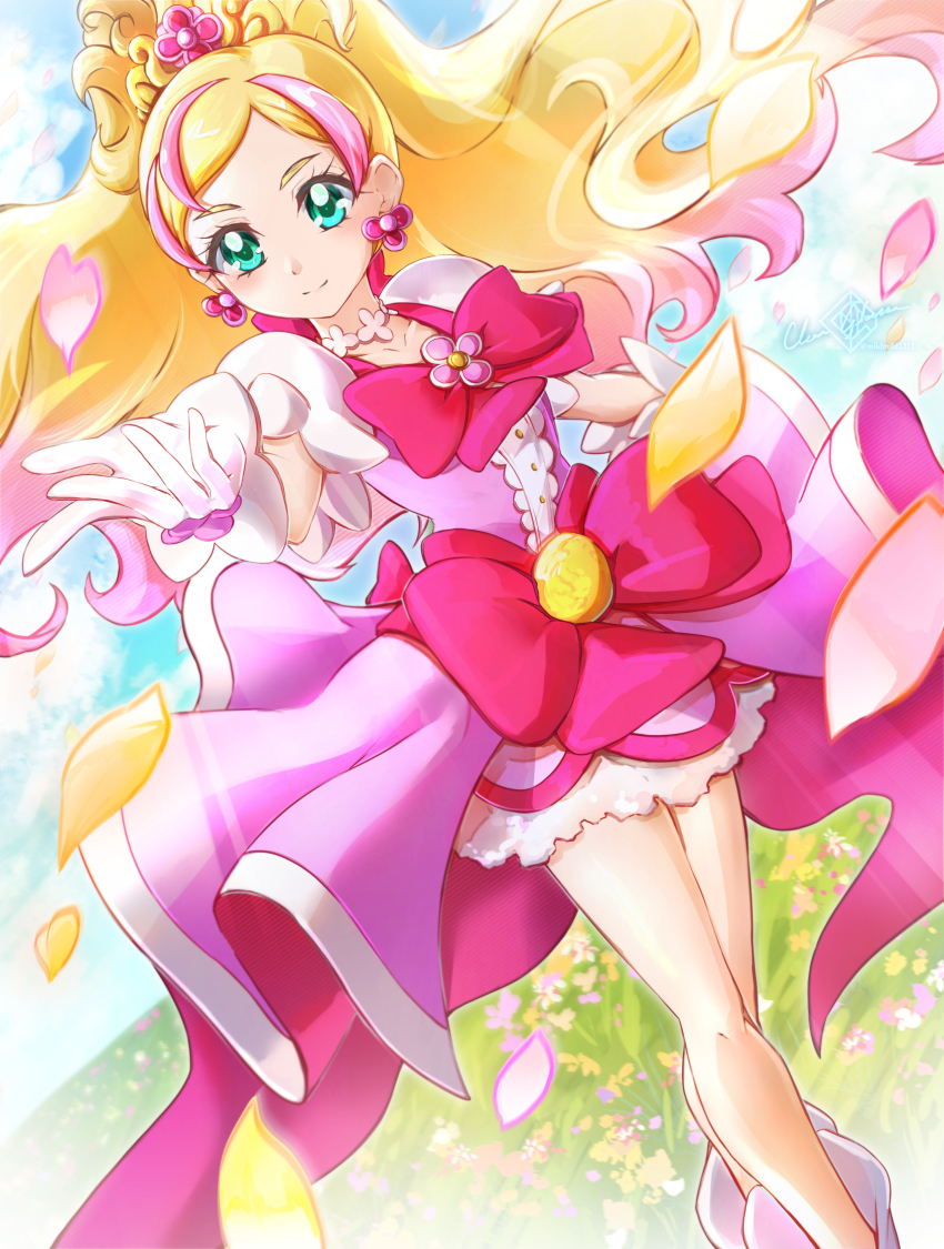 1girl blonde_hair blue_eyes bow choker clear_glass_(mildmild1311) cloud cloudy_sky cure_flora earrings field flower flower_earrings flower_field flower_necklace gloves go!_princess_precure haruno_haruka highres jewelry long_hair looking_at_viewer magical_girl multicolored_hair necklace outdoors petals pink_bow pink_hair precure puffy_sleeves skirt sky smile solo streaked_hair two-tone_hair waist_bow waist_brooch white_gloves