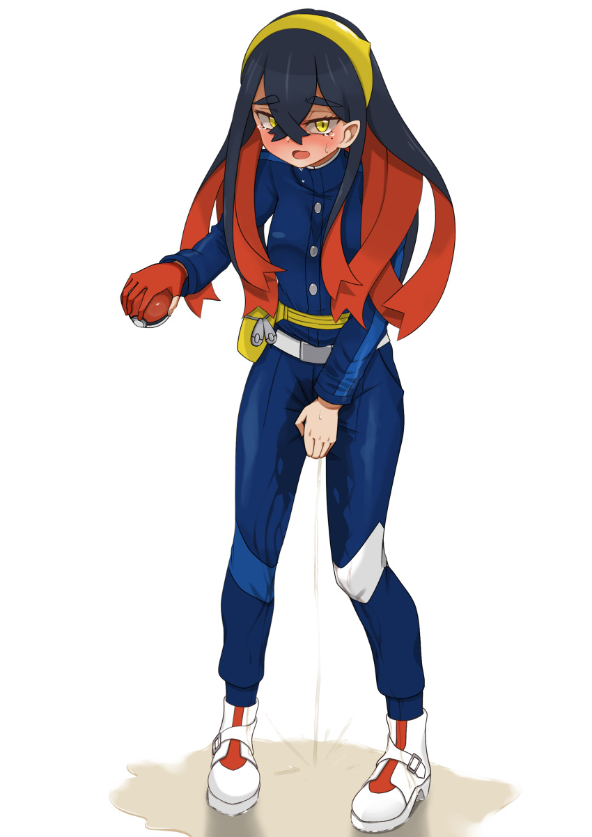 1girl belt between_legs black_hair blue_jacket blue_pants blush breasts buttons carmine_(pokemon) colored_inner_hair creatures_(company) crossed_bangs embarrassed fanny_pack female_focus full_body game_freak gloves hair_between_eyes hairband half-closed_eyes hand_between_legs hand_up have_to_pee holding holding_poke_ball jacket long_hair long_sleeves looking_at_viewer mizuumi_(expanse_lake) mole mole_under_eye multicolored_hair nintendo nose_blush open_mouth pants partially_fingerless_gloves pee peeing peeing_self pigeon-toed poke_ball poke_ball_(basic) pokemon pokemon_sv puddle raised_eyebrows red_gloves red_hair school_uniform shoes simple_background single_glove small_breasts solo standing sweat tears two-tone_hair white_background white_shoes yellow_eyes yellow_hairband zipper_pull_tab