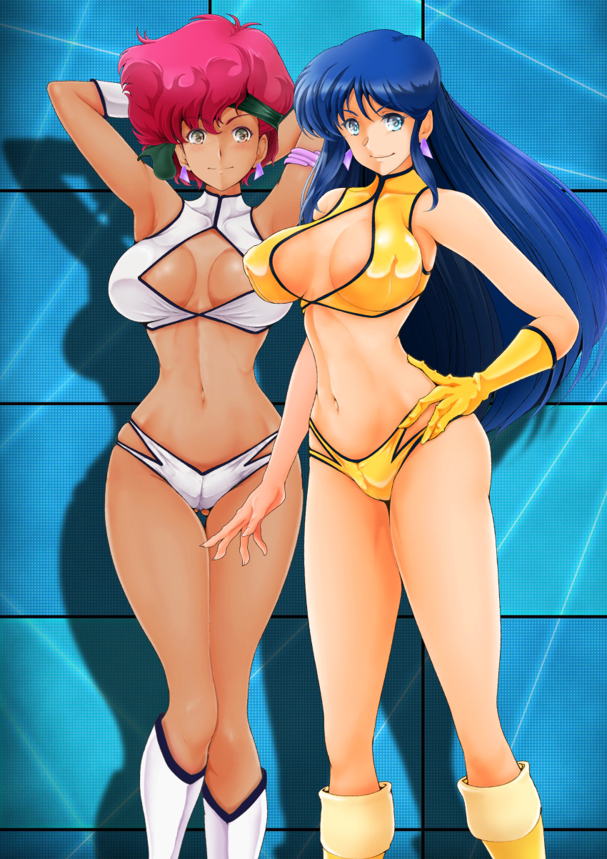 2girls absurdres armlet armpits arms_behind_head arms_up bare_shoulders bikini blue_eyes blue_hair blush boots breasts brown_eyes cameltoe cleavage closed_mouth commentary_request covered_collarbone covered_erect_nipples crop_top dark-skinned_female dark_skin dirty_pair earrings elbow_gloves gloves gluteal_fold headband highleg highleg_panties highres jewelry kei_(dirty_pair) knee_boots large_breasts lips long_hair looking_at_viewer medium_hair midriff multiple_girls nanashi_noiji navel panties red_hair shadow shiny_clothes simple_background single_glove sleeveless smile stomach swimsuit thighs turtleneck underwear white_bikini yellow_bikini yuri_(dirty_pair)