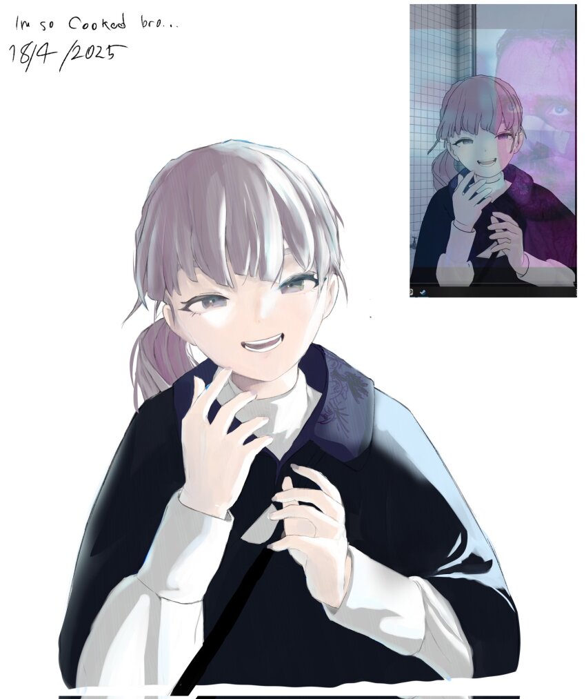 1girl black_coat black_ribbon blade_runner_2049 brown_hair coat dated derivative_work goslingposting_(meme) hair_ribbon half-closed_eyes highres k_(blade_runner_2049) kouhadakr0000 lapwing_(vrchat) laughing looking_at_viewer meme open_mouth purple_eyes reference_inset ribbon ryan_gosling screenshot_inset screenshot_redraw solo teeth vrchat white_background you_look_lonely_(meme)