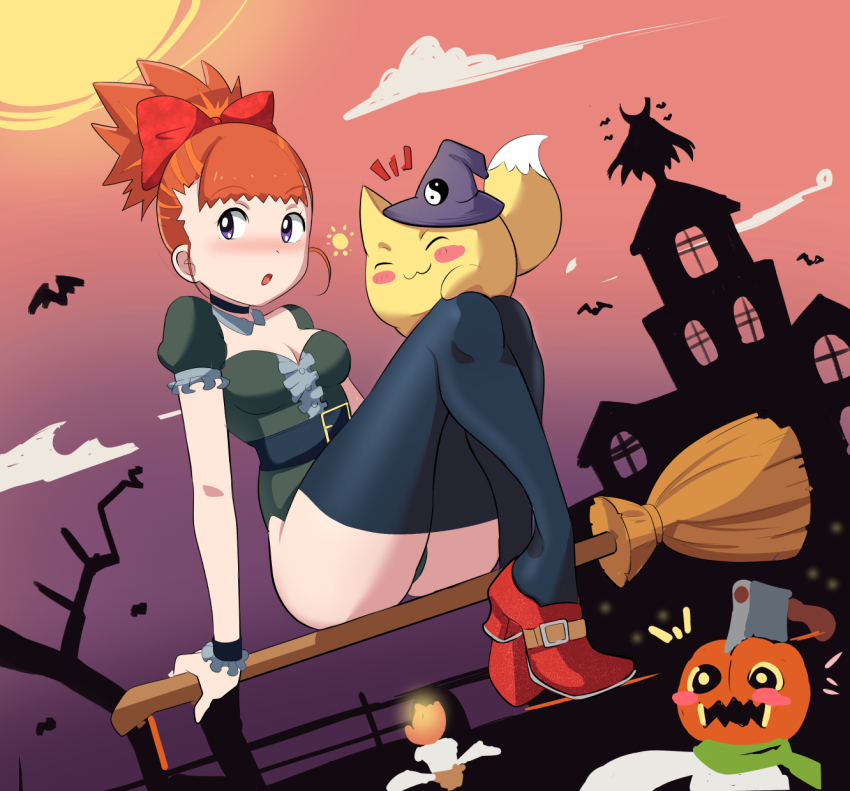 ass belt broom broom_riding candmon digimon digimon_tamers hair_ornament hairpin halloween halloween_costume highres long_hair looking_at_viewer makino_ruki pabsmikan panties pokomon_(digimon) ponytail pumpmon underwear yin_yang