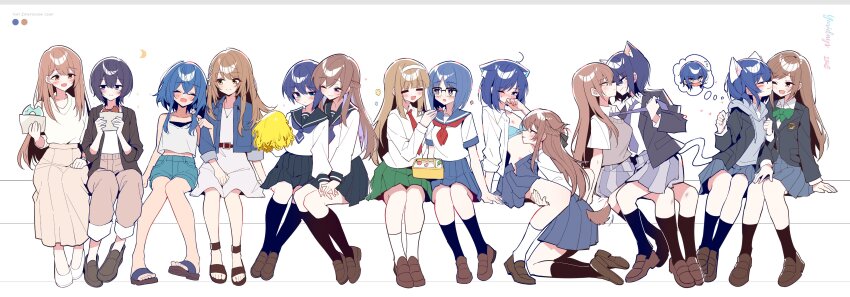 6+girls absurdres animal_ears annotated aoi_satou asahi_sato bento between_legs black_jacket black_skirt black_socks blue_bra blue_eyes blue_hair blue_jacket blue_shorts blush bra braid brown_hair brown_shoes camisole cat_ears chinese_commentary closed_eyes closed_mouth commentary_request crescent_moon crossover dog_ears dog_girl dog_tail donut dress feeding food grey_hoodie grey_shoes grey_skirt grey_sweater_vest hairband half_up_braid hickey highres holding holding_food holding_hands holding_pom_poms hood hoodie jacket jewelry kaketa_tsuki_to_donattsu kemonomimi_mode kiss kissing_cheek kissing_stomach kneehighs locked_arms long_hair long_sleeves look-alike misakino_kukuru miyagi_shiori miyazawa_fuuka moon multiple_crossover multiple_girls na_nare_hana_nare naoi_(zenbu_kowashite_jigoku_de_aishite) natsume_ichika neckerchief necklace necktie ninja_to_koroshiya_no_futarigurashi obunai_suzuha one_eye_closed open_clothes open_mouth open_shirt osananajimi_wa_nyaa_to_naite_skirt_no_naka pleated_skirt pom_pom_(cheerleading) pom_poms purple_hair purple_necktie purple_skirt red_neckerchief saihara_maki sandals school_uniform sendai_hazuki serafuku shiroi_suna_no_aquatope shirt shoes short_hair short_hair_with_long_locks short_sleeves shorts shuuniichido_classmate_wo_kau_hanashi simple_background sitting sitting_on_lap sitting_on_person skirt smile socks sweater_vest tail tanizaki_shion underwear uno_hinako watch white_background white_camisole white_dress white_hairband white_shirt white_shoes white_socks wristwatch yoshida_aoko yoshizawa_kurumi yuri zenbu_kowashite_jigoku_de_aishite zhanzhangzlw