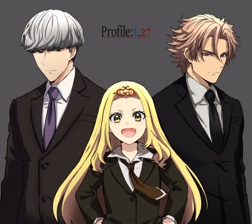 1girl 2boys alternate_universe black_necktie black_suit blonde_hair bowl_cut brown_eyes brown_hair commentary_request daybit_sem_void expressionless fang fate/grand_order fate_(series) forehead formal_clothes grey_hair hands_on_own_hips highres honchu ibaraki_douji_(fate) long_hair multiple_boys necktie no_horns open_mouth purple_necktie skin_fang smile suit undercut watanabe_no_tsuna_(fate) yellow_eyes