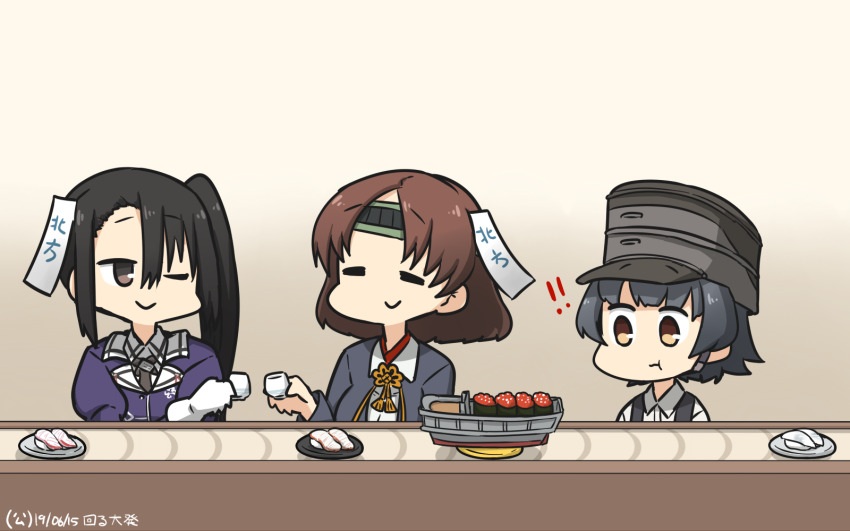 ! !! 3girls arare_(kancolle) black_hair blouse brown_eyes brown_hair chiyoda_(kancolle) choko_(cup) commentary conveyor_belt conveyor_belt_sushi cup dated closed_eyes food gloves hamu_koutarou hat headband highres kantai_collection landing_craft multiple_girls nachi_(kancolle) one_eye_closed remodel_(kantai_collection) school_uniform shirt short_hair side_ponytail sushi tag white_gloves