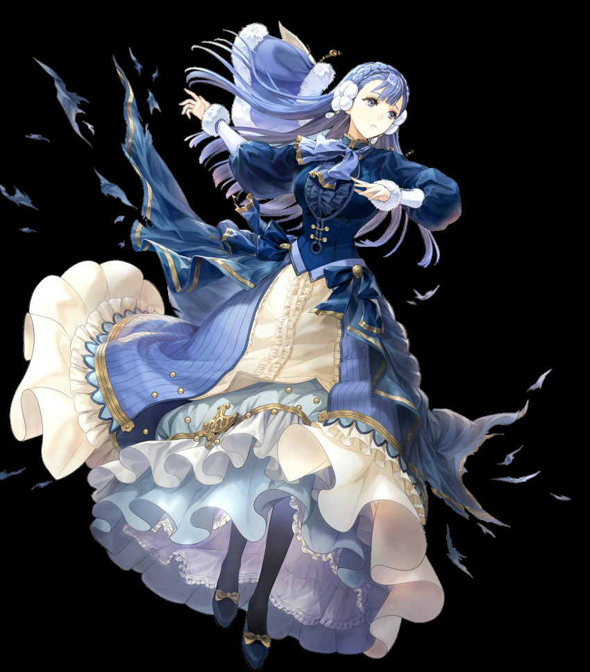 1girl blue_dress blue_eyes blue_hair bow bowtie braid breasts cape capelet dress earrings female_focus fire_emblem fire_emblem_echoes:_shadows_of_valentia fire_emblem_heroes full_body fur_trim hair_ornament highres jewelry long_hair long_sleeves matching_hair/eyes medium_breasts nintendo non-web_source official_art pantyhose rinea_(fire_emblem) rinea_(soiree)_(fire_emblem) solo torn_clothes torn_dress transparent_background