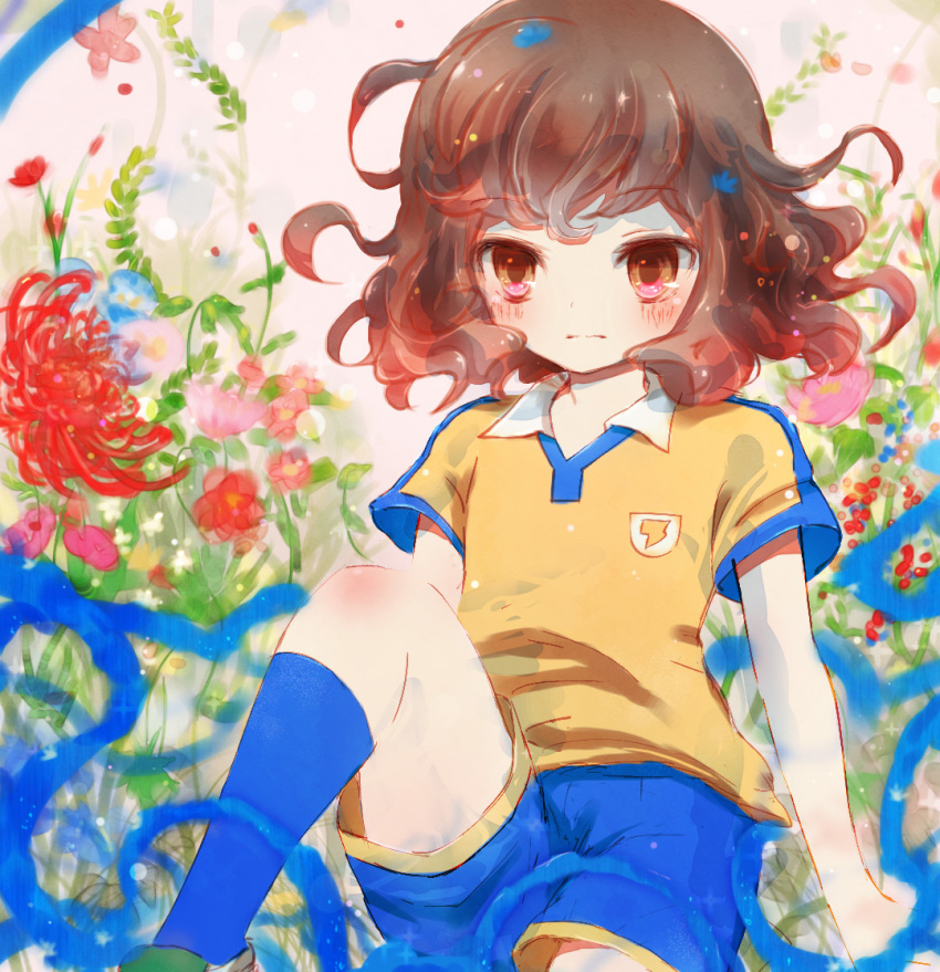 1boy bad_id bad_pixiv_id blush flower inazuma_eleven_(series) inazuma_eleven_go lightning_bolt_symbol male_focus raimon raimon_soccer_uniform shindou_takuto soccer_uniform solo sportswear yoshida_(nono_ko)