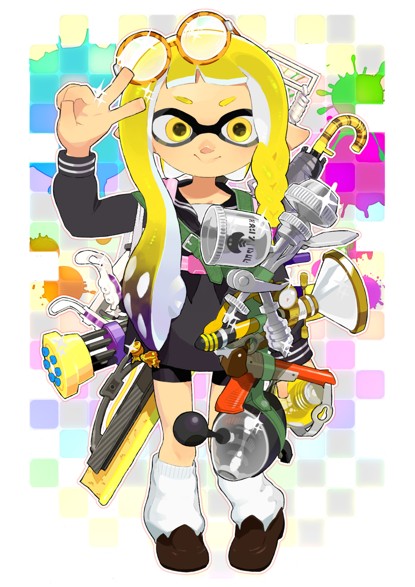 1girl aerospray_(splatoon) black_neckerchief black_sailor_collar black_shorts blonde_hair braid brown-framed_eyewear brown_shoes closed_mouth commentary_request eyewear_on_head fizzy_bomb_(splatoon) full_body glasses gradient_hair grey_shirt hand_up highres inkling inkling_girl inkling_player_character loafers long_hair long_sleeves looking_at_viewer luna_blaster_(splatoon) mini_splatling_(splatoon) moudoku_(decopon3rd) multicolored_hair n-zap_(splatoon) neckerchief nintendo pointy_ears purple_hair round_eyewear sailor_collar sailor_shirt shirt shoes shorts single_braid smile socks solo splatana_wiper_(splatoon) splatoon_(series) splatoon_3 split_mouth sploosh-o-matic_(splatoon) standing tentacle_hair tetra_dualies_(splatoon) too_many_weapons two-tone_hair undercover_brella_(splatoon) v weapon weapon_on_back white_socks yellow_eyes