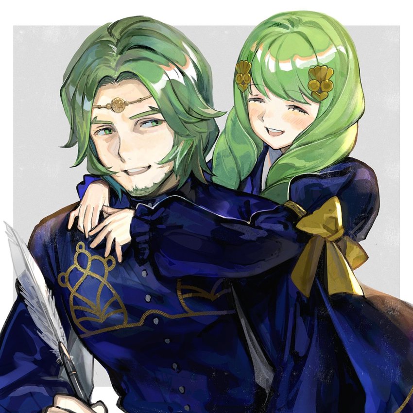 1boy 1girl beard bow brother_and_sister closed_eyes facial_hair fire_emblem fire_emblem:_three_houses flayn_(fire_emblem) garreg_mach_monastery_uniform green_eyes green_facial_hair green_hair grey_background hair_ornament highres hug hug_from_behind kyufe long_hair long_sleeves matching_hair/eyes nintendo open_mouth seteth_(fire_emblem) short_hair siblings simple_background yellow_bow
