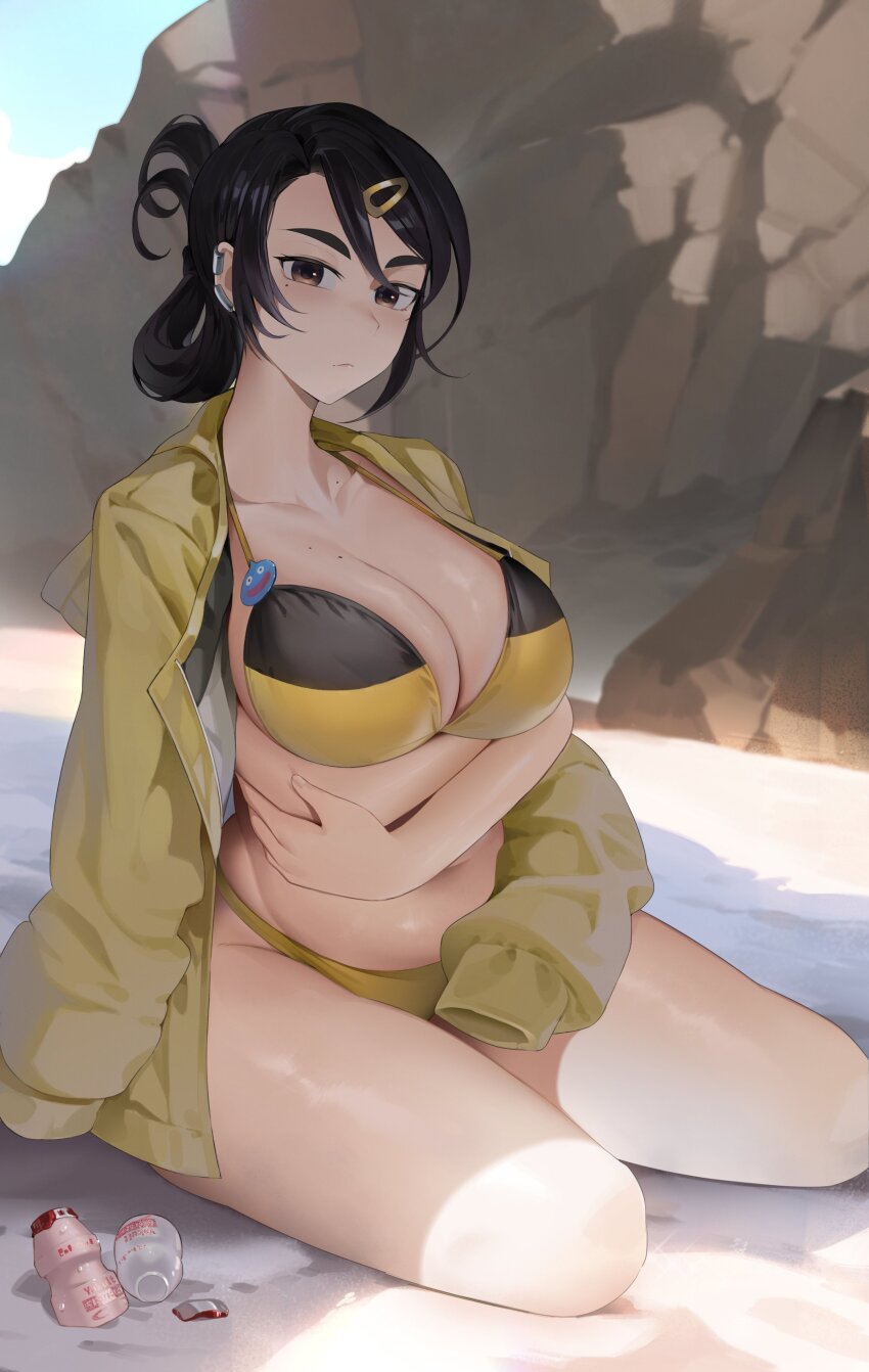 1girl absurdres akiaji_margo_(character) arms_under_breasts badge beach bikini black_bikini blue_sky breasts brown_eyes brown_hair button_badge closed_mouth collarbone commentary commission crossed_arms earclip english_commentary fingernails folded_ponytail hair_between_eyes hair_ornament hairclip highres indie_virtual_youtuber jacket kopam large_breasts long_hair looking_at_viewer mole mole_on_breast mole_on_collarbone mole_under_eye navel outdoors rock shade sitting sky solo swimsuit thick_thighs thighs virtual_youtuber yakult yellow_bikini yellow_jacket