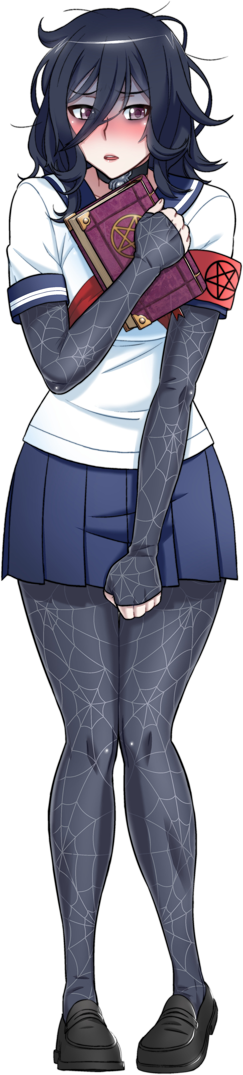 1girl absurdres bags_under_eyes black_hair black_shoes blue_skirt blush book choker collar full_body highres kjech lips long_image messy_hair miniskirt official_art oka_ruto_(yandere_simulator) open_mouth pleated_skirt purple_eyes school_uniform serafuku shoes short_sleeves shy silk skirt solo spider_web spider_web_print tall_image transparent_background yandere_simulator