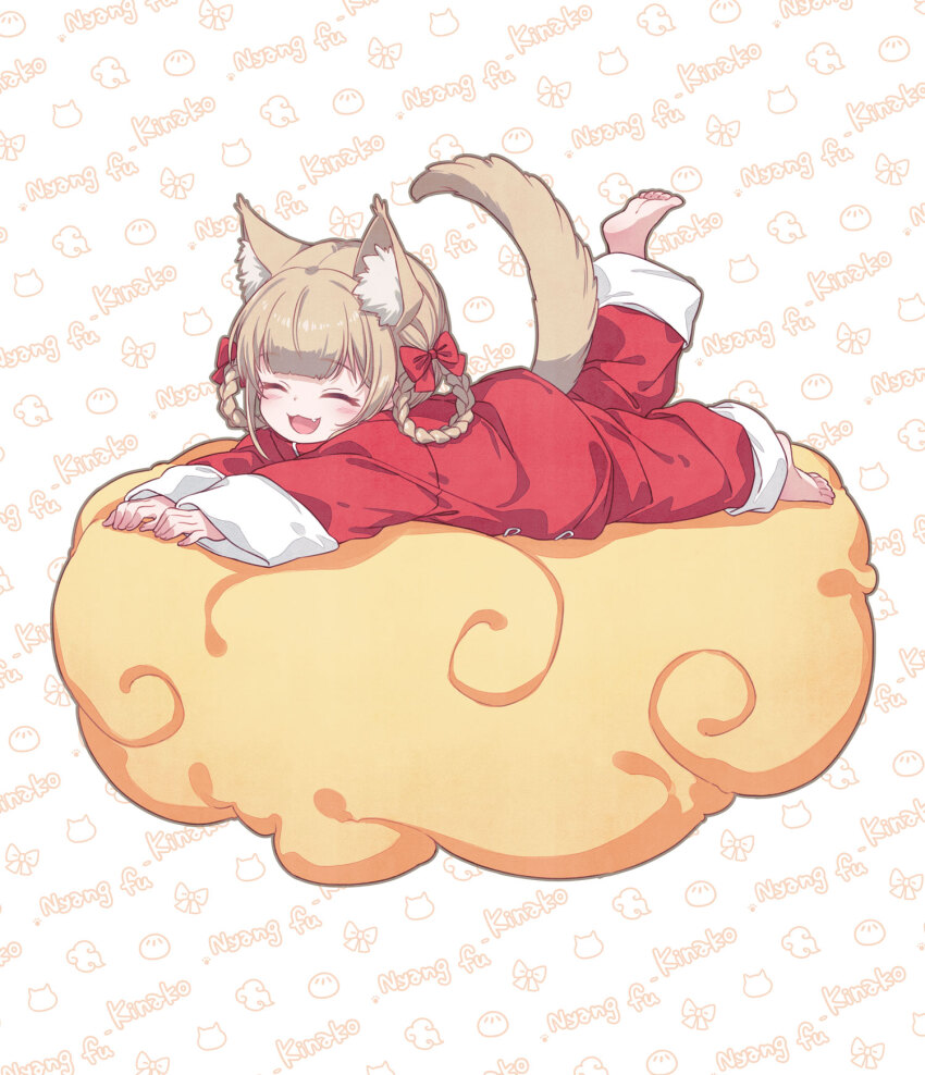 40hara animal_ears barefoot blush bow braid braided_hair_rings cat_ears cat_girl cat_tail child closed_eyes full_body hair_bow hair_rings highres kinako_(40hara) long_sleeves lying on_cloud on_stomach original pants red_pants red_shirt shirt tail yellow_clouds