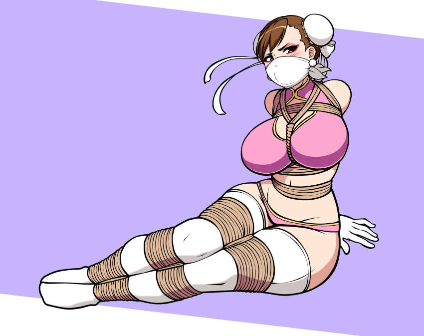 1girl arms_behind_back bdsm between_breasts blush bondage bound breasts brown_hair bun_cover capcom chun-li cleavage cleavage_cutout cloth_gag clothing_cutout double_bun earrings eyeshadow female_focus gag gagged gloves hair_bun highres improvised_gag jam-orbital jewelry large_breasts makeup midriff narrow_waist navel over_the_nose_gag panties pink_panties purple_background rope shibari simple_background solo street_fighter thighhighs underwear white_gloves white_thighhighs wide_hips