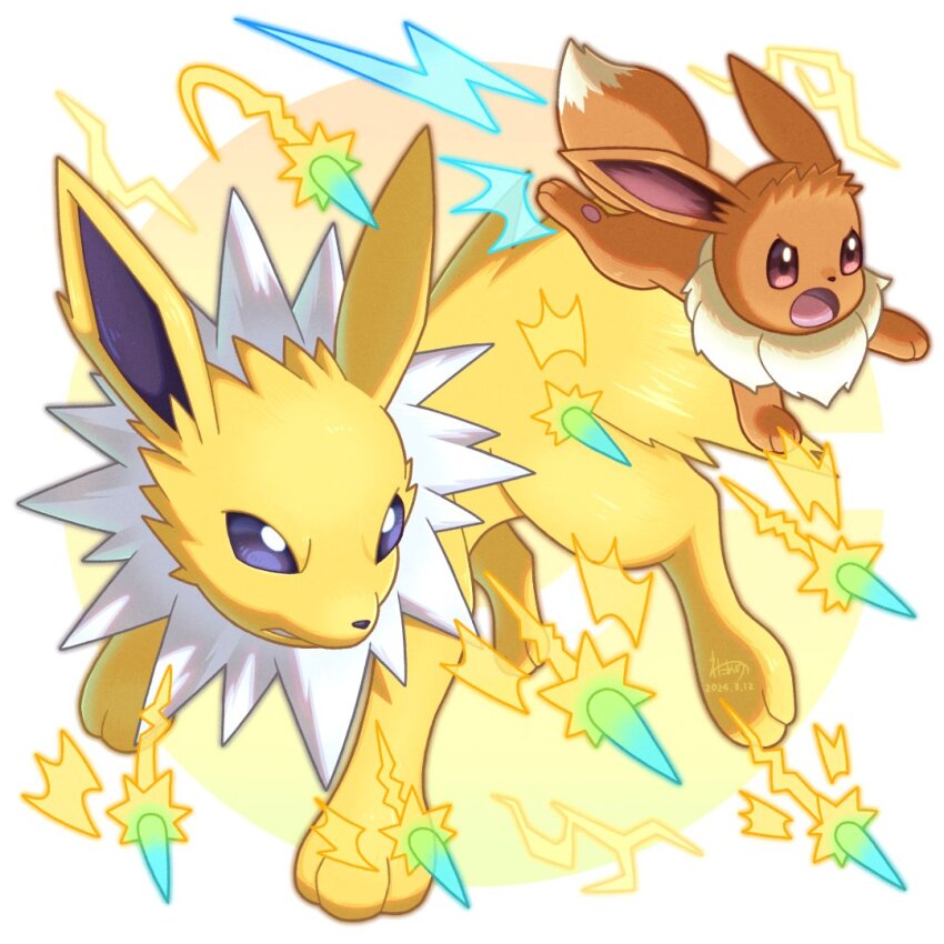 brown_fur eevee energy fighting_stance gen_1_pokemon jolteon lightning_bolt_symbol looking_ahead nintendo open_mouth pokemon pokemon_(creature) spikes two-tone_background wataame4907 white_background white_fur yellow_fur