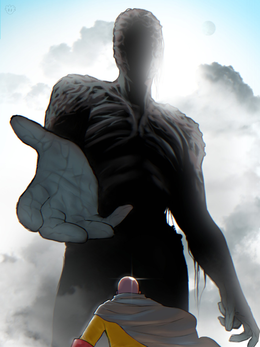 1boy 1other absurdres backlighting bald blue_sky cloud devovas giant gloves god_(one-punch_man) highres male_focus one-punch_man reaching red_gloves saitama_(one-punch_man) shiny_skin signature sky superhero_costume