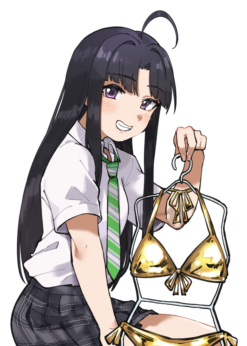 1girl ahoge awa_subaru bikini black_hair blush clenched_teeth clothes_hanger collared_shirt commentary_request diagonal-striped_clothes diagonal-striped_necktie girls_band_cry gold_bikini green_necktie grey_skirt hair_intakes highres holding holding_clothes_hanger long_hair looking_at_viewer necktie nes_q open_mouth parted_bangs plaid_clothes plaid_skirt pleated_skirt purple_eyes shirt short_sleeves sidelocks simple_background skirt solo striped_clothes swimsuit teeth unworn_bikini white_background white_shirt