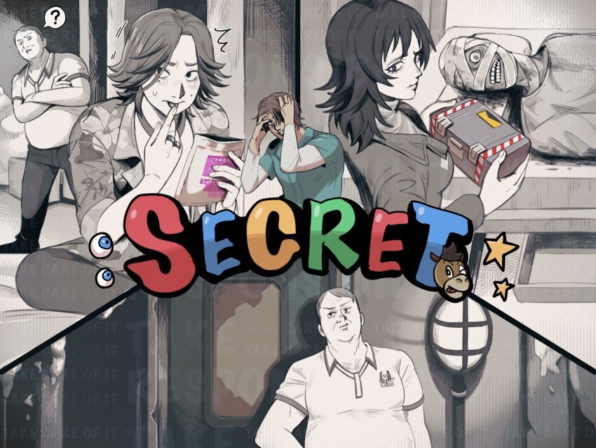 ? anya_(mouthwashing) bandaged_head bandages brown_hair clenched_teeth column_lineup crossed_arms curly_(mouthwashing) curly_(post-crash)_(mouthwashing) daisuke_(mouthwashing) door english_text eyeball fat fat_man hands_on_own_head hiding highres holding holding_case jewelry jimmy_(mouthwashing) jumpsuit layered_sleeves licking licking_finger long_sleeves medium_hair mole mole_on_cheek mole_under_eye mouthwashing multiple_rings no_skin partially_colored peeking polle_(mouthwashing) ring short_hair short_over_long_sleeves short_sleeves sleeves_rolled_up suna220861 swansea_(mouthwashing) teeth