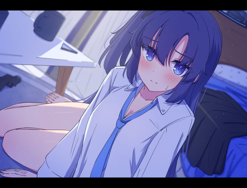 1girl absurdres aot. bare_legs barefoot bed black_skirt blue_archive blue_eyes blue_hair blue_necktie blush breasts cleavage cup highres looking_at_viewer mug naked_shirt necktie shirt skirt solo sweatdrop unworn_skirt white_shirt yuuka_(blue_archive)