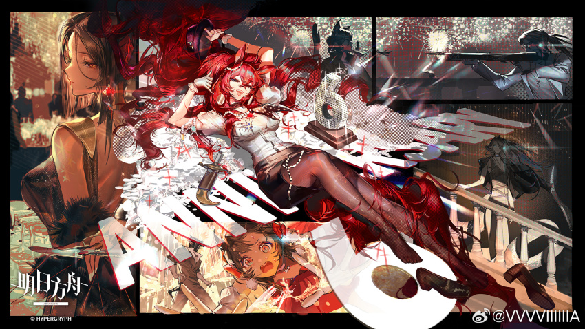 3boys 4girls arknights black_hair earrings eboda-x gem gun hair_ornament highres holding holding_weapon horns ines_(arknights) jewelry knife long_hair mantra_(arknights) multiple_boys multiple_girls narantuya_(arknights) necklace nowell_(arknights) paprika_(arknights) ponytail red_eyes red_hair rifle shoes totter_(arknights) weapon