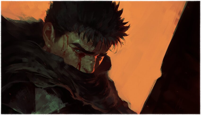 1boy absurdres armor berserk berserker_armor black_armor black_cape black_hair bleeding blood border cape commentary dragonslayer_(sword) glaring guts_(berserk) highres looking_at_viewer looking_to_the_side male_focus orange_background portrait scar scar_on_face scar_on_nose short_hair simple_background solo three_quarter_view white_border whitehogiii