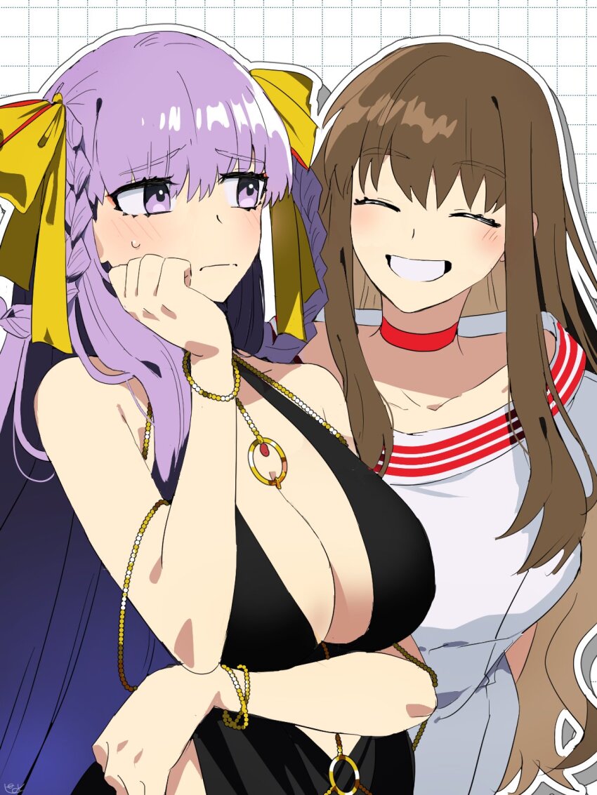 2girls arm_under_breasts artist_name bare_arms bare_shoulders bb_dubai_(fate) black_dress blush bracelet braid braided_hair_rings breasts brown_hair center_opening chain chain_around_arm choker cleavage closed_eyes cocktail_dress commentary dress eyebrows_visible_through_hat fate/grand_order fate_(series) gold_bracelet gold_chain gold_ring grid_background grin hair_ribbon hair_rings head_rest highres jewelry kishinami_hakuno_(female) large_breasts leaning_forward long_hair looking_at_another multiple_girls nervous_sweating outline pirohi_(pirohi214) purple_eyes purple_hair red_choker ribbon side_slit sidelocks single_sidelock sleeveless sleeveless_dress small_sweatdrop smile sweat symbol-only_commentary white_dress white_outline yellow_ribbon