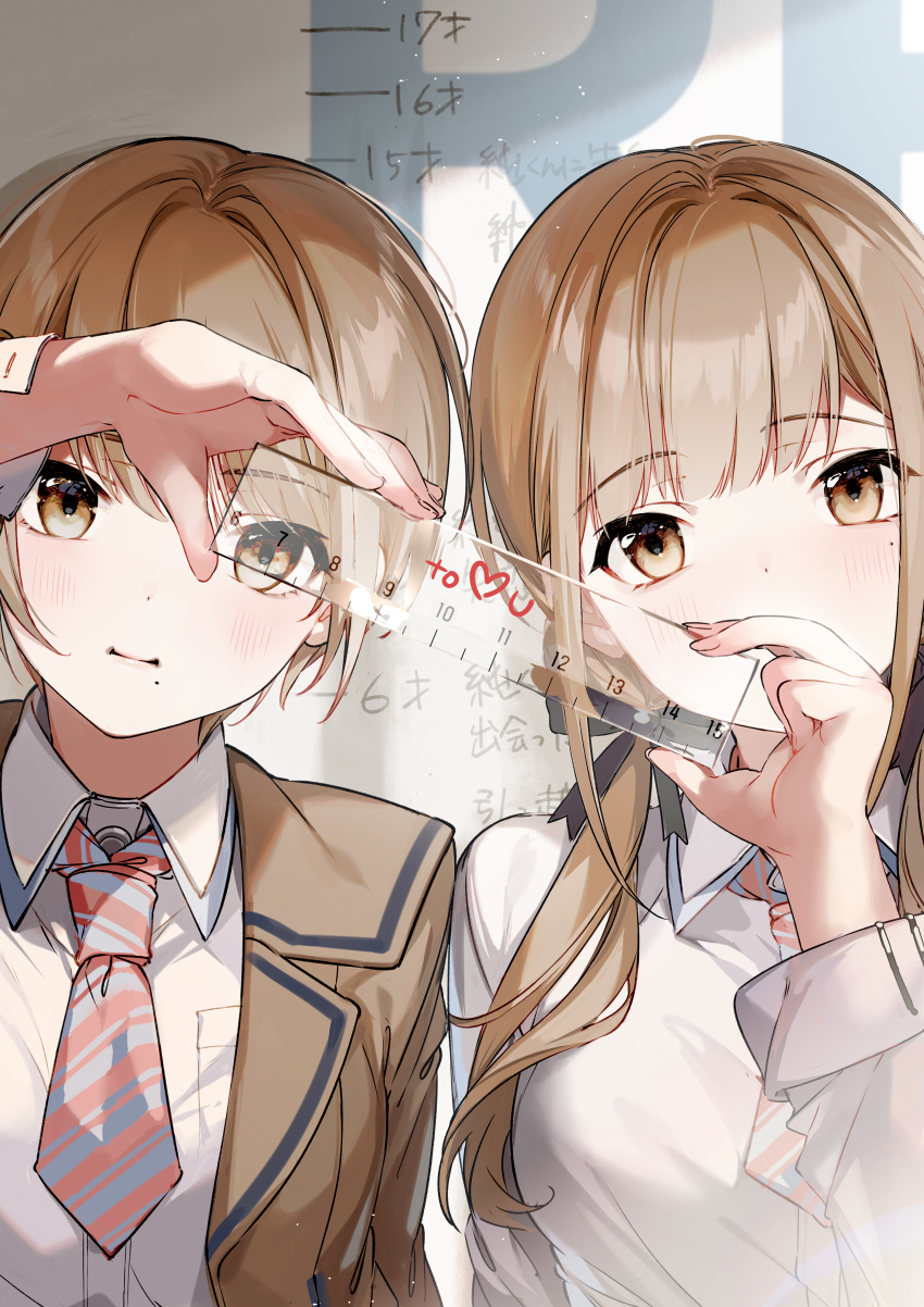 2girls :i absurdres almic black_ribbon blazer blush brown_eyes brown_hair brown_jacket closed_mouth collared_shirt colored_stripes cover_image covered_mouth dress_shirt hair_over_shoulder hair_ribbon highres holding jacket jinguuji_naori jinguuji_rumi koi_wa_futago_de_warikirenai long_hair long_sleeves looking_at_viewer low_twintails mole mole_under_eye mole_under_mouth multiple_girls necktie novel_illustration official_art open_clothes open_jacket ribbon ruler school_uniform shirt short_hair short_necktie siblings side-by-side sisters striped_neckwear textless_version twins twintails upper_body white_shirt