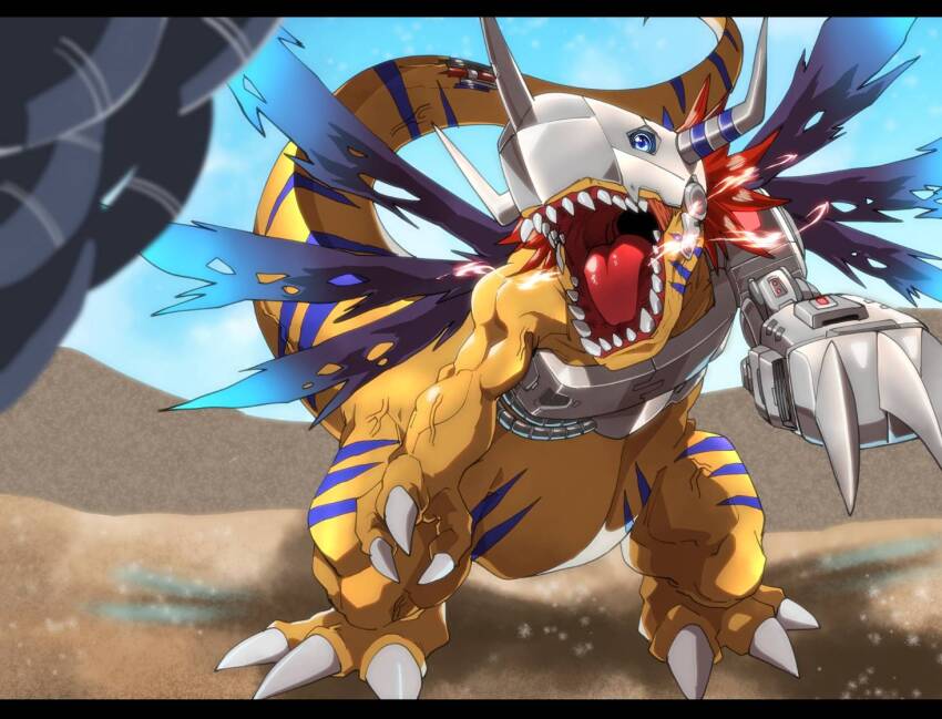 amakawa_mayu blue_eyes blue_wings claws cyborg desert digimon digimon_(creature) digimon_adventure dinosaur etemon helmet mechanical_arms metalgreymon multiple_wings open_mouth orange_scales red_hair short_hair single_mechanical_arm solo_focus spiked_hair standing torn_wings v-shaped_eyebrows wings