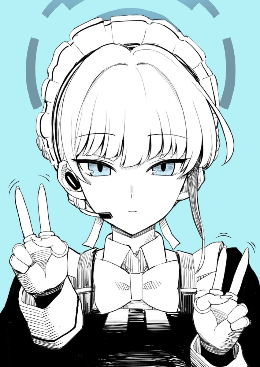 1girl aqua_background aqua_eyes blue_archive bow bowtie closed_mouth commentary_request double_v dress eo_masaka expressionless fingerless_gloves gloves greyscale hair_between_eyes halo headset highres long_sleeves looking_at_viewer maid_headdress monochrome simple_background solo spot_color toki_(blue_archive) upper_body v