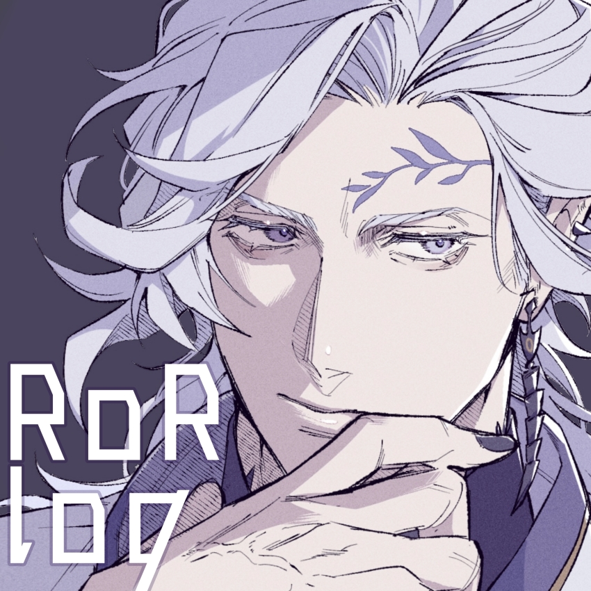 1boy black_nails choker close-up closed_mouth ear_piercing earrings facial_tattoo forehead_tattoo gold_trim hades_(shuumatsu_no_valkyrie) half-closed_eyes hand_on_own_chin hand_up high_collar highres jacket jewelry leaf_tattoo looking_to_the_side male_focus nail_polish piercing pointy_ears purple_background purple_eyes purple_shirt purple_trim shirt short_hair shuumatsu_no_valkyrie solo spiked_choker spikes tattoo text_focus white_hair white_jacket