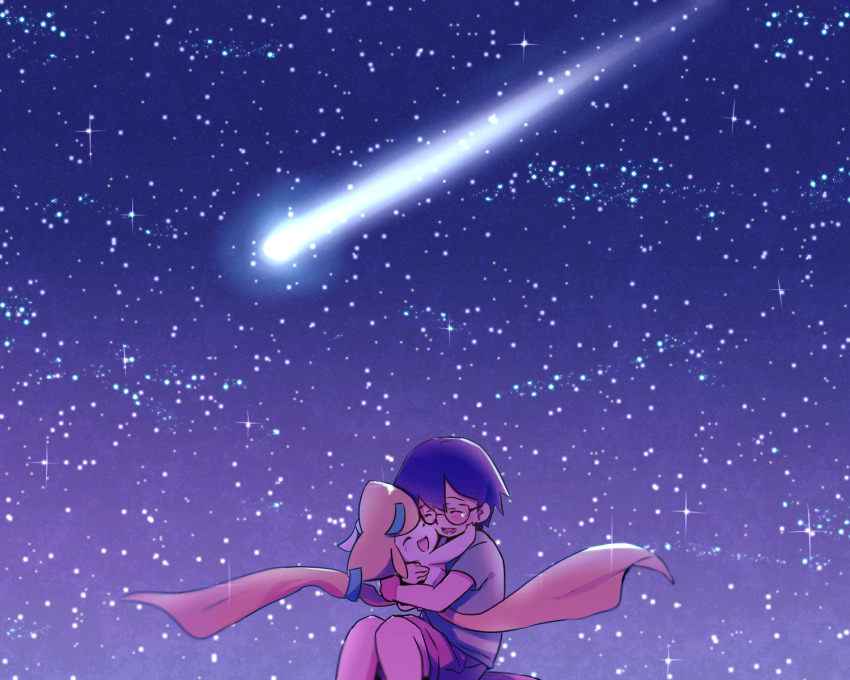 1boy ^_^ black_eyes blush closed_eyes gen_3_pokemon happy highres holding holding_pokemon hug jirachi legendary_pokemon male_focus max_(pokemon) mizuto_(o96ap) mythical_pokemon night night_sky nintendo outdoors pokemon pokemon:_jirachi:_wish_maker pokemon_(anime) pokemon_(creature) pokemon_rse_(anime) shirt shooting_star shorts sitting sky star_(sky) starry_sky