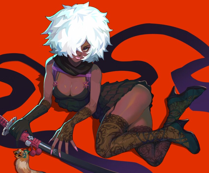 1girl afro ass asymmetrical_gloves bare_shoulders breasts charm_(object) cleavage commentary dark-skinned_female dark_skin dress english_commentary estyy fingerless_gloves floral_print floral_print_gloves floral_print_thighhighs garter_straps gloves hair_over_one_eye high_heels highres holding holding_sword holding_weapon katana lace lace_gloves lace_thighhighs large_breasts lipstick looking_at_viewer lying makeup no_more_heroes on_ground on_side red_background scarf shinobu_jacobs simple_background single_fingerless_glove solo sword thighhighs very_dark_skin weapon white_hair white_lips