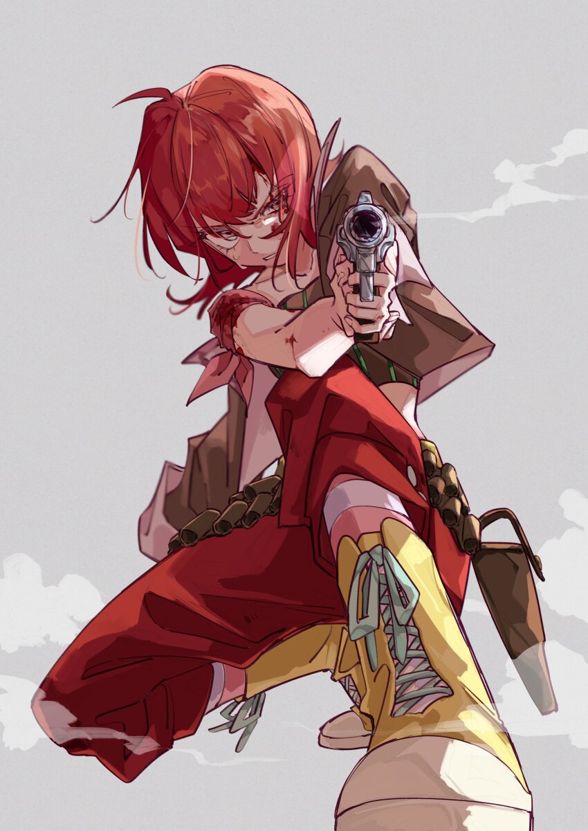 1girl absurdres aiming aiming_at_viewer boots brown_jacket crop_top cropped_jacket firing grey_background gun highres holding holding_gun holding_weapon iria_animi jacket kneeling pants red_eyes red_hair red_pants shirt short_hair smoking socks solo striped_clothes striped_shirt striped_socks tales_of_(series) tales_of_innocence weapon yellow_boots youme_xz