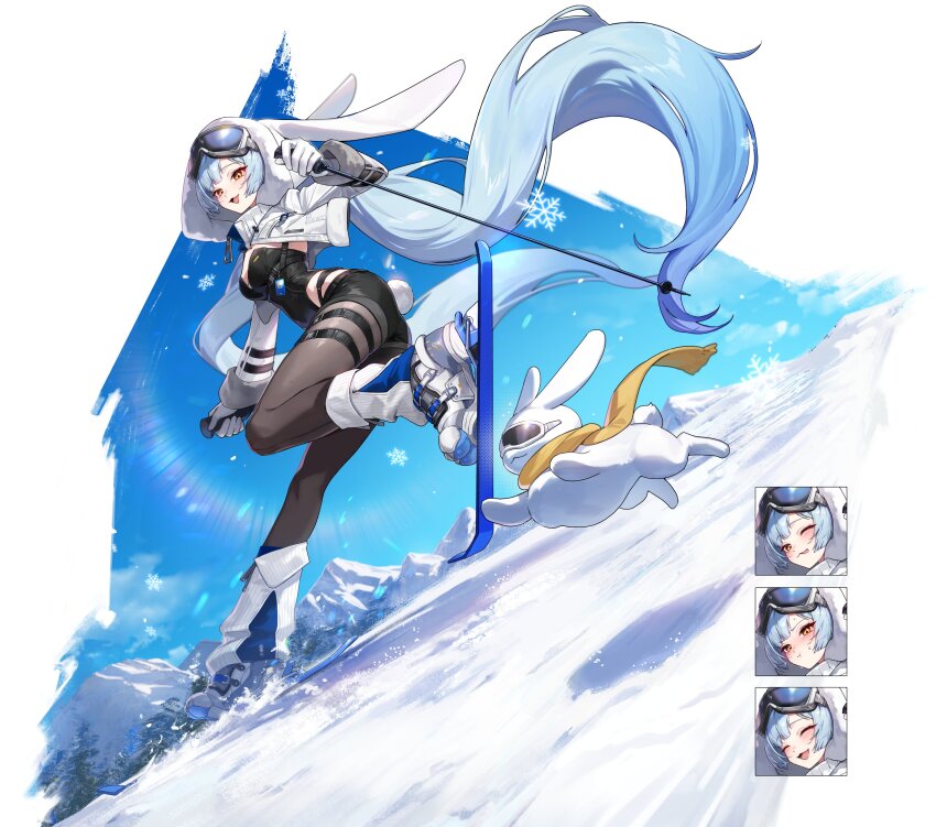 1girl :t ;p absurdly_long_hair absurdres animal animal_ears animal_hood belt black_belt black_leotard black_pantyhose black_shorts blue_hair blue_sky blush breasts buckle chest_harness closed_mouth commentary_request day gloves goggles goggles_on_head harness highleg highleg_leotard highres holding_ski_pole hood hood_up hooded_jacket id_card jacket large_breasts leg_warmers lens_flare leotard long_hair long_sleeves looking_at_viewer loose_socks medium_breasts mountainous_horizon multiple_expressions nabezuru one_eye_closed open_clothes open_jacket open_mouth original outdoors pantyhose pout rabbit rabbit_ear_headwear rabbit_ears rabbit_girl rabbit_hood rabbit_tail scarf short_shorts shorts ski_boots ski_goggles ski_pole skiing skis sky smile snap-fit_buckle snow snowflakes socks tail thigh_belt thigh_strap tongue tongue_out very_long_hair white_gloves white_hood white_jacket yellow_eyes yellow_scarf