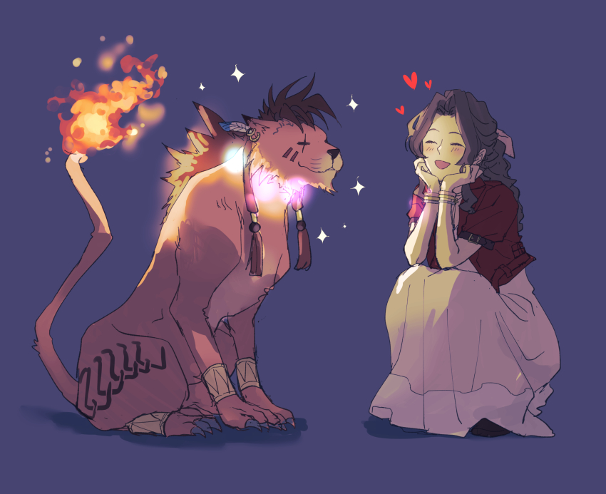 1boy 1girl aerith_gainsborough animal animal_earrings bangle beads blush body_markings bracelet braid braided_ponytail brown_hair choker closed_eyes cropped_jacket demi_co dress facial_mark feather_hair_ornament feathers final_fantasy final_fantasy_vii final_fantasy_vii_remake flame-tipped_tail flower_choker full_body grey_background hair_beads hair_ornament hair_ribbon hands_on_own_cheeks hands_on_own_face highres jacket jewelry long_dress open_mouth orange_fur parted_bangs pink_dress pink_ribbon red_jacket red_xiii ribbon scar scar_across_eye scar_on_face sidelocks single_braid sitting smile sparkle squatting