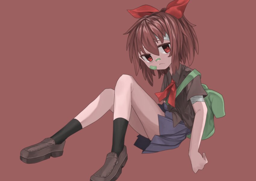 1girl bag bandage_on_face bandaged_arm bandaged_head bandages bandaid bandaid_on_face bandaid_on_nose black_shirt black_socks blue_skirt bow brown_hair closed_mouth collared_shirt frown full_body hair_bow highres kilsturgeon knees_up loafers looking_at_viewer looking_to_the_side neck_ribbon pleated_skirt ponytail red_background red_bow red_eyes red_ribbon ribbon shin_yomawari shirt shoes short_ponytail shoulder_bag simple_background skirt socks solo yomawari_(series) yui_(yomawari)