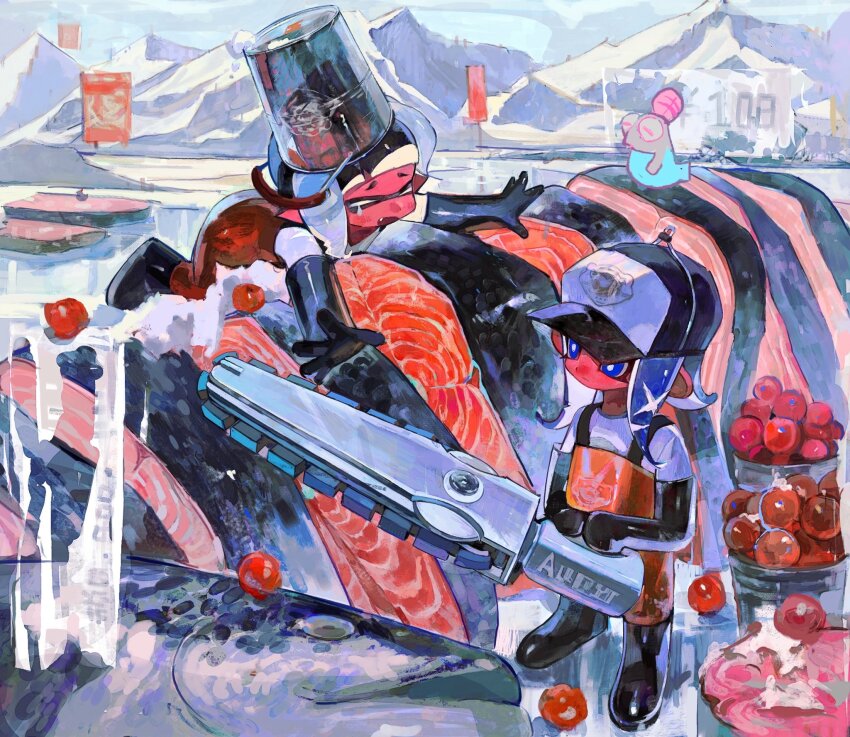 2girls baseball_cap black_boots black_gloves black_hair black_hat blue_eyes blue_hair boots bright_pupils bucket bucket_on_head chinese_commentary closed_eyes colored_skin commentary_request elbow_gloves fang fish full_body furrowed_brow gloves hat highres holding holding_weapon inkling inkling_girl inkling_player_character medium_hair mini_person minigirl multiple_girls nintendo object_on_head octoling octoling_girl octoling_player_character on_food open_mouth orange_overalls overalls parted_bangs pointy_ears red_skin roe rubber_boots rubber_gloves salmon_run_(splatoon) salmonid shirt short_hair smallfry_(splatoon) splatana_stamper_(splatoon) splatoon_(series) splatoon_3 tearing_up tentacle_hair uim_ase weapon white_pupils white_shirt