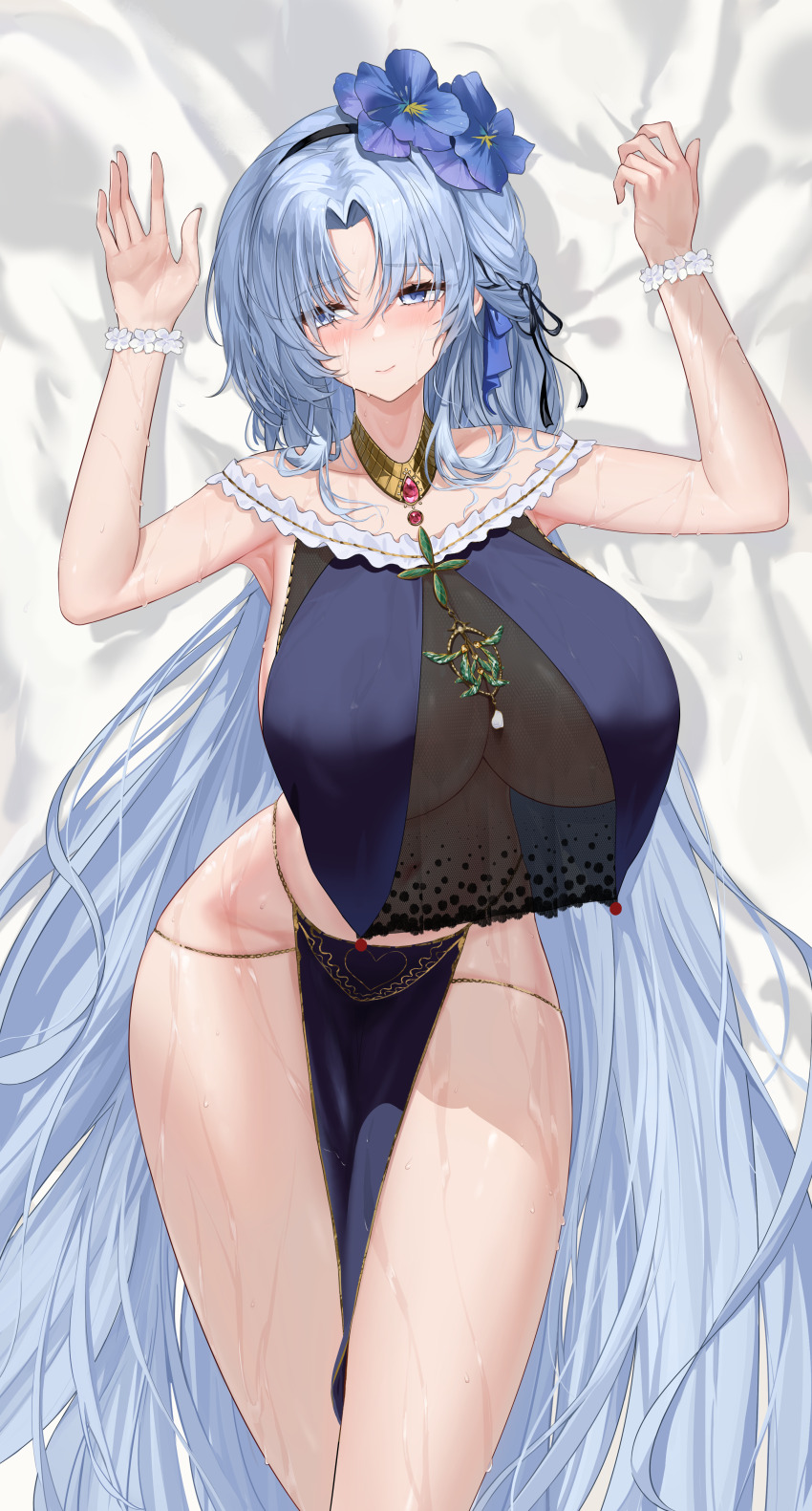 1girl absurdres alsace_(azur_lane) armpits arms_up azur_lane bare_shoulders bed_sheet blue_eyes blue_flower blue_hair breast_curtains breasts chain cleavage commentary_request crossed_legs curtained_hair flower flower_hairband frills furrowed_brow gem gold_chain gold_trim hair_between_eyes hair_flower hair_ornament hair_spread_out hair_tie hands_up highres huge_breasts jewelry long_hair looking_to_the_side lying necklace nick_laojiao on_back on_bed parted_bangs pelvic_curtain pink_gemstone revealing_clothes see-through_cleavage see-through_clothes sleeveless solo sweat thick_thighs thighs underboob very_long_hair very_sweaty wet wrist_flower